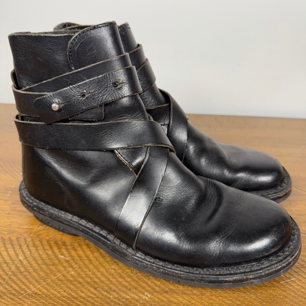 Trippen Boots Women 37 Black Leather Wrap Strap Buckle Mid Calf Goth Avant Garde